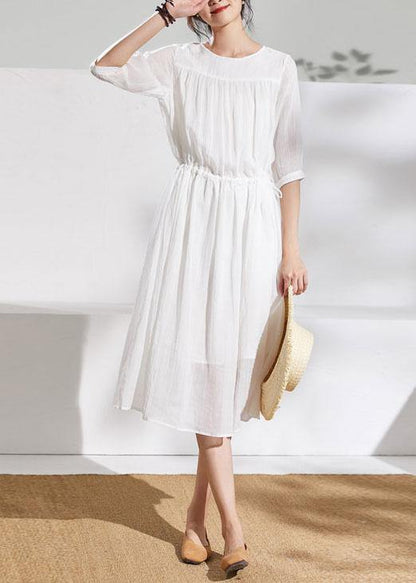 French White Linen Clothes for O Neck Half Sleeve Midi Summer Dress