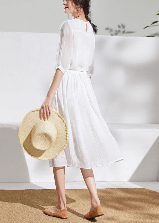 French White Linen Clothes for O Neck Half Sleeve Midi Summer Dress