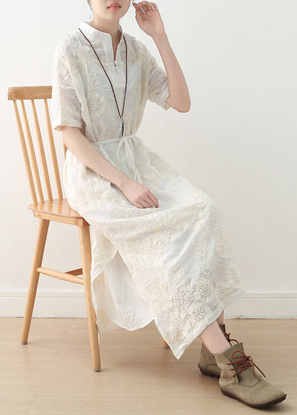 French White Linen Outfit Fine Inspiration Embroidery Stand Collar Dresses Summer Dress