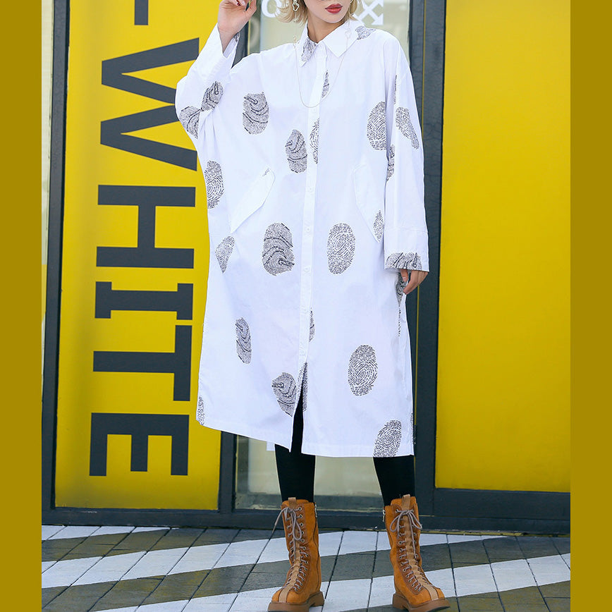 French White Print Cotton Clothes Fine Sewing Pockets Midi Shirt Dresses