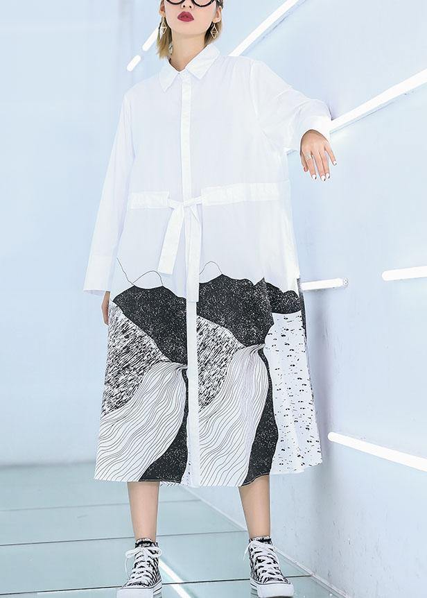 French White Print Cotton Clothes Lapel Patchwork Loose Dress