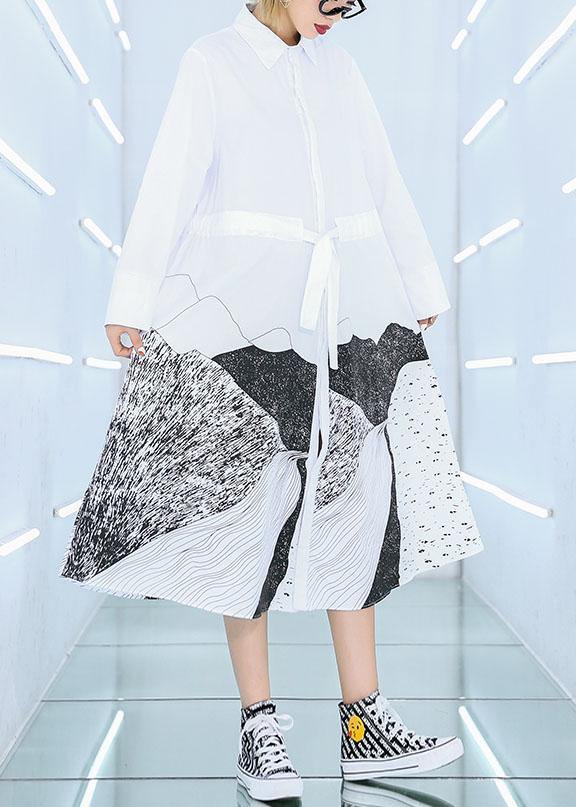 French White Print Cotton Clothes Lapel Patchwork Loose Dress