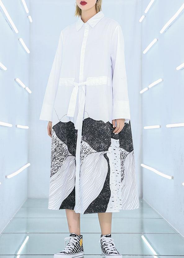 French White Print Cotton Clothes Lapel Patchwork Loose Dress