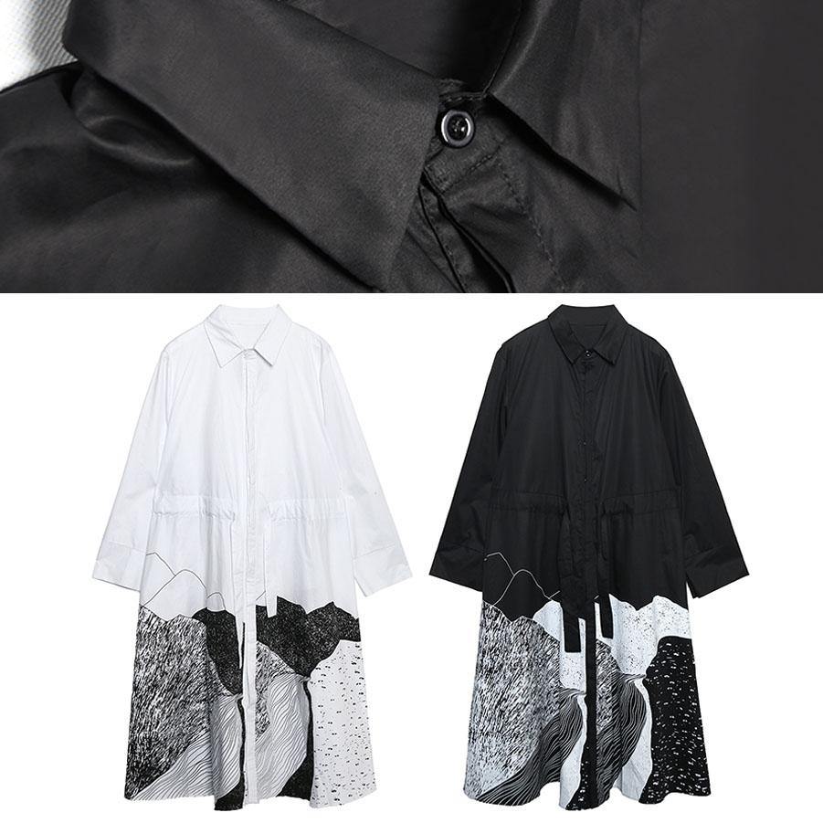 French White Print Cotton Clothes Lapel Patchwork Loose Dress