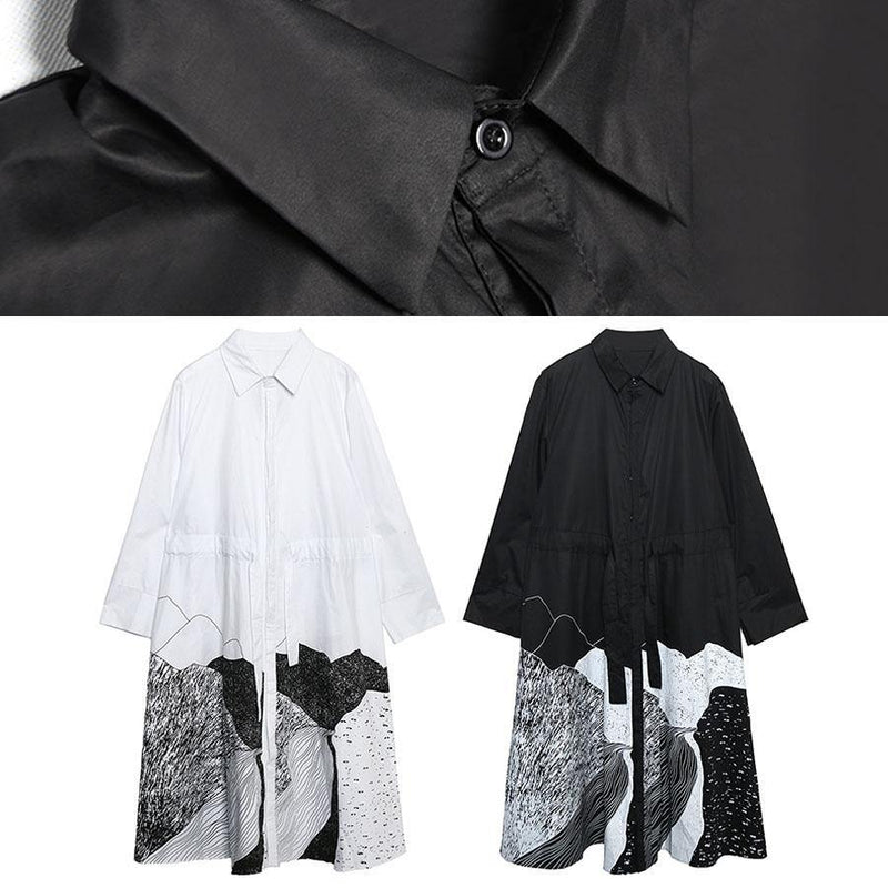 French White Print Cotton Clothes Lapel Patchwork Loose Dress