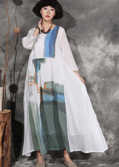 French White Prints Linen Wardrobes Patchwork Long Autumn Dresses