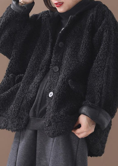 French Winter Patchwork Hooded Clothes Black Coat