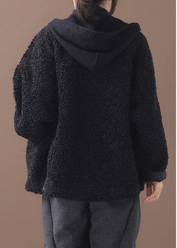 French Winter Patchwork Hooded Clothes Black Coat
