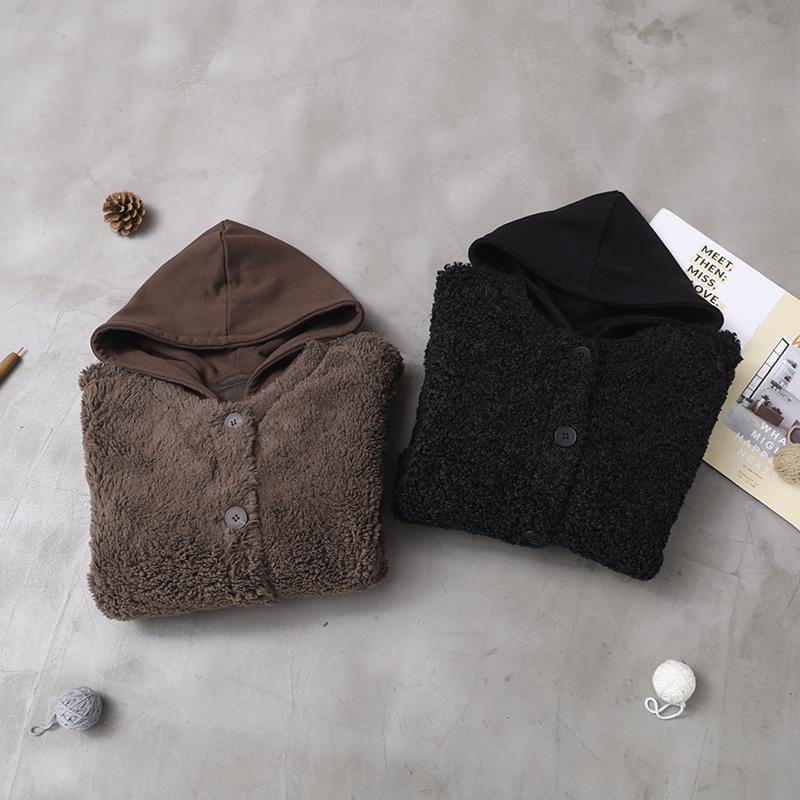 French Winter Patchwork Hooded Clothes Black Coat