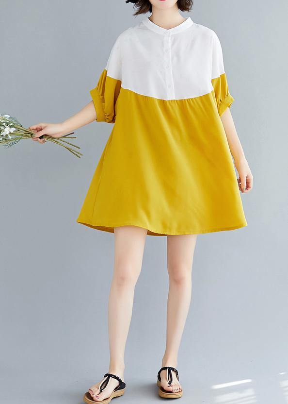 French Yellow Chiffon Dresses O Neck Patchwork Traveling Summer Dresses