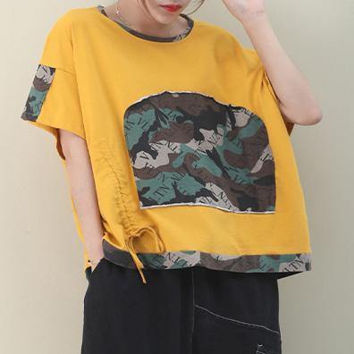 French Yellow Cotton Blouse O Neck Patchwork Knee Top