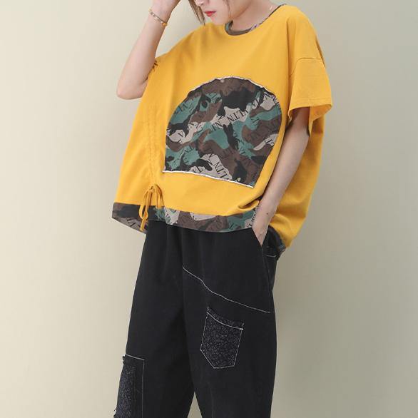 French Yellow Cotton Blouse O Neck Patchwork Knee Top