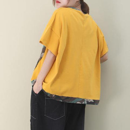 French Yellow Cotton Blouse O Neck Patchwork Knee Top