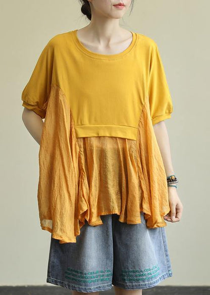 French Yellow Cotton Blouses for O Neck Patchwork Art Blouses