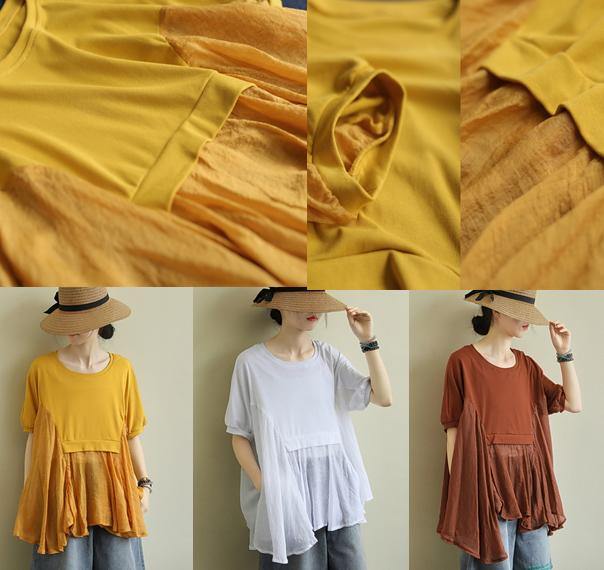 French Yellow Cotton Blouses for O Neck Patchwork Art Blouses