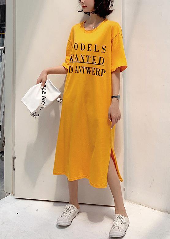 French Yellow Cotton Tunic Dress Side Open Robe Summer Dresses