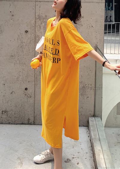 French Yellow Cotton Tunic Dress Side Open Robe Summer Dresses