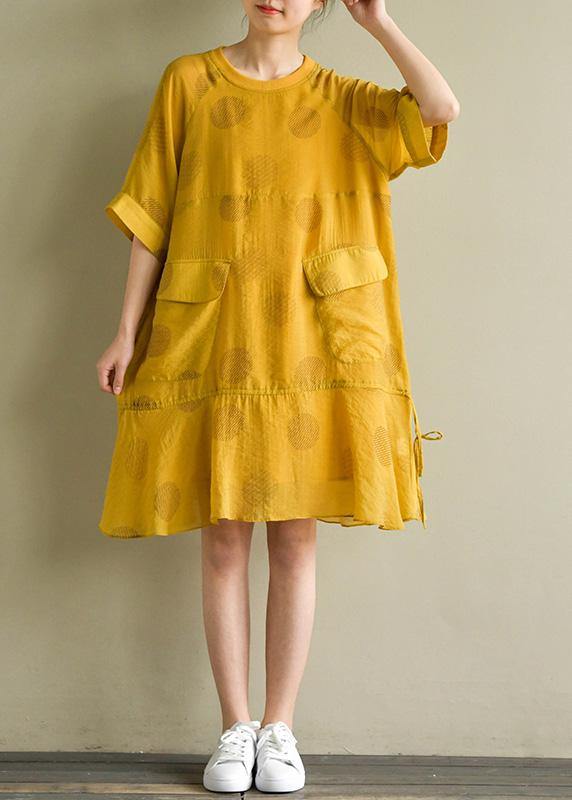 French Yellow Dotted Linen Chiffon Blended Dresses O Neck Drawstring Baggy Summer Dress