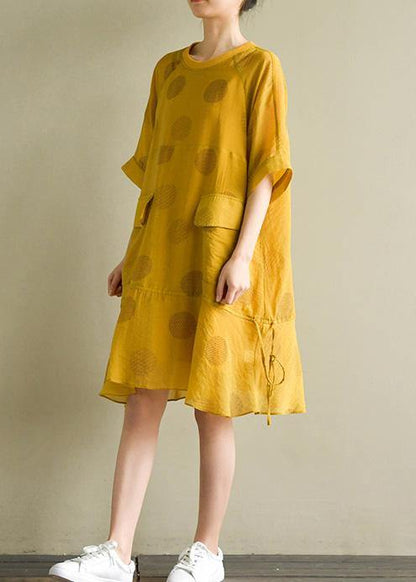 French Yellow Dotted Linen Chiffon Blended Dresses O Neck Drawstring Baggy Summer Dress