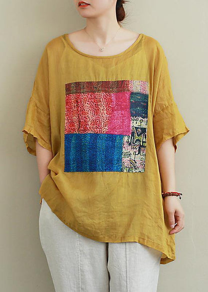 French Yellow Linen Blouse O Neck Patchwork Summer Top