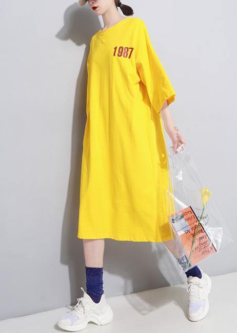 French Yellow Linen Long Shirts O Neck Cotton Robes Summer Dress