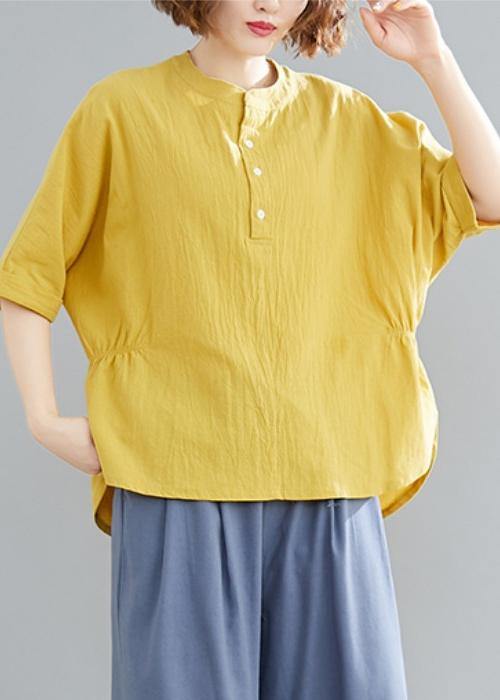 French Yellow Linen Cotton Linen Tops Blouses Cotton Button Down Elastic Waist Blouse