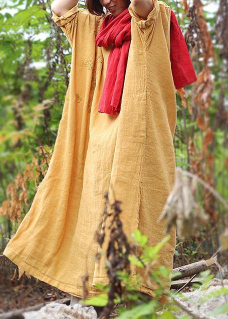 French Yellow Linen Dresses Side Open Linen Robes V Neck Dress
