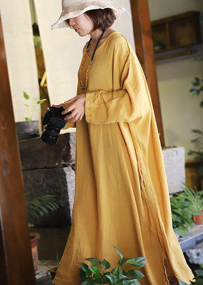 French Yellow Linen Dresses Side Open Linen Robes V Neck Dress