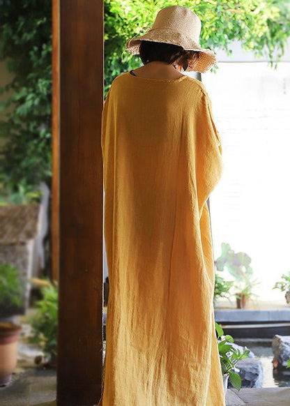 French Yellow Linen Dresses Side Open Linen Robes V Neck Dress