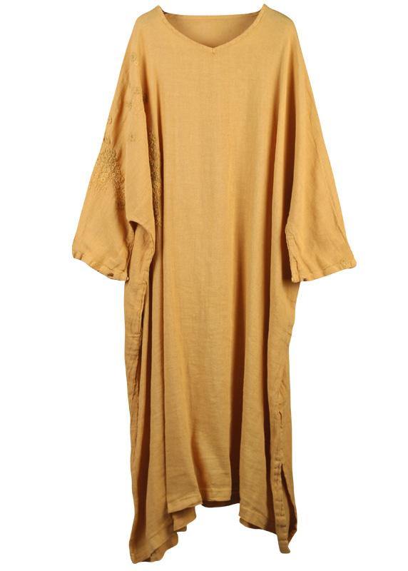 French Yellow Linen Dresses Side Open Linen Robes V Neck Dress