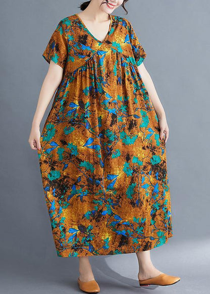 French Yellow Print Cotton Linen Clothes V Neck Cinched Loose Summer Dress
