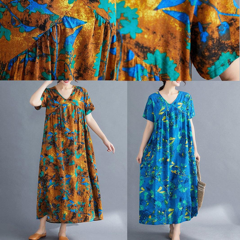 French Yellow Print Cotton Linen Clothes V Neck Cinched Loose Summer Dress