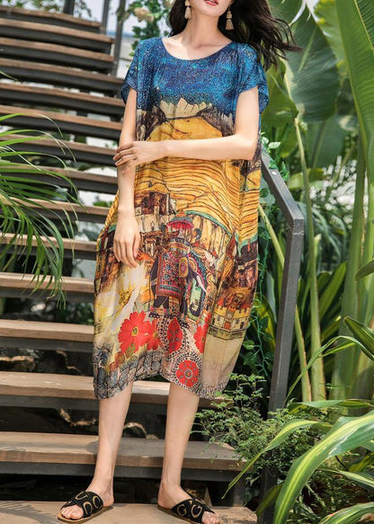 French Yellow Print Silk Dresses O Neck Pockets Loose Summer Dress