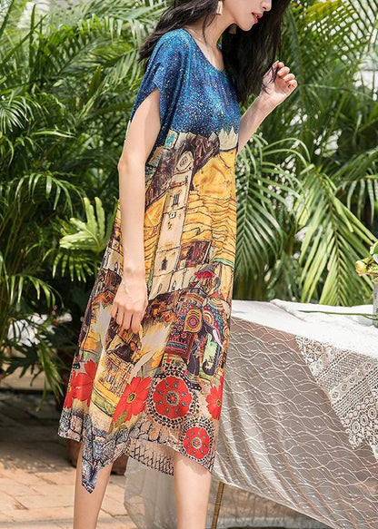 French Yellow Print Silk Dresses O Neck Pockets Loose Summer Dress