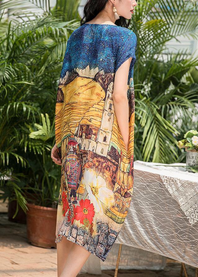 French Yellow Print Silk Dresses O Neck Pockets Loose Summer Dress