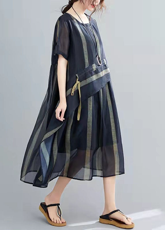 French Blue Cinched Stand Collar Organza Dress Half Sleeve