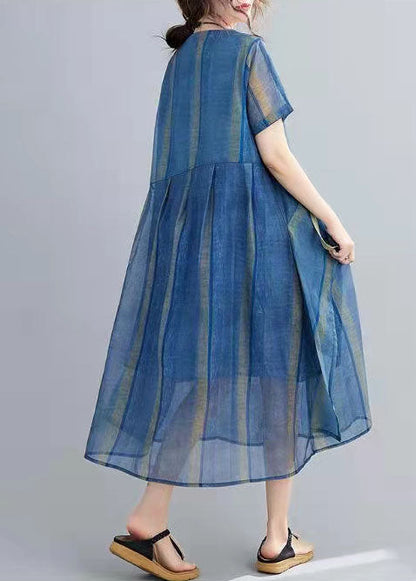 French Blue Cinched Stand Collar Organza Dress Half Sleeve