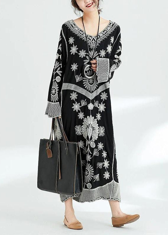 French Black Print V Neck Baggy Chiffon Robes Spring Dresses
