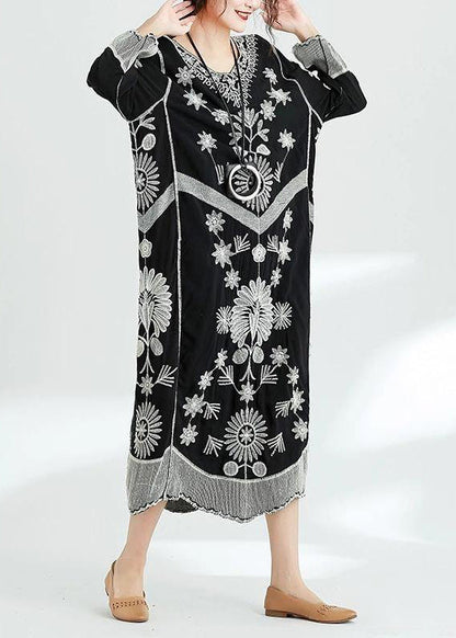 French Black Print V Neck Baggy Chiffon Robes Spring Dresses