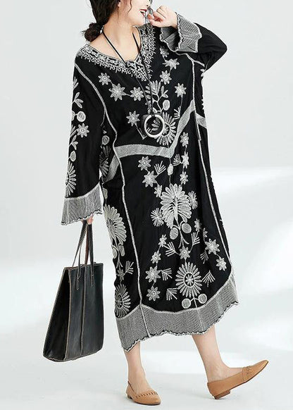 French Black Print V Neck Baggy Chiffon Robes Spring Dresses