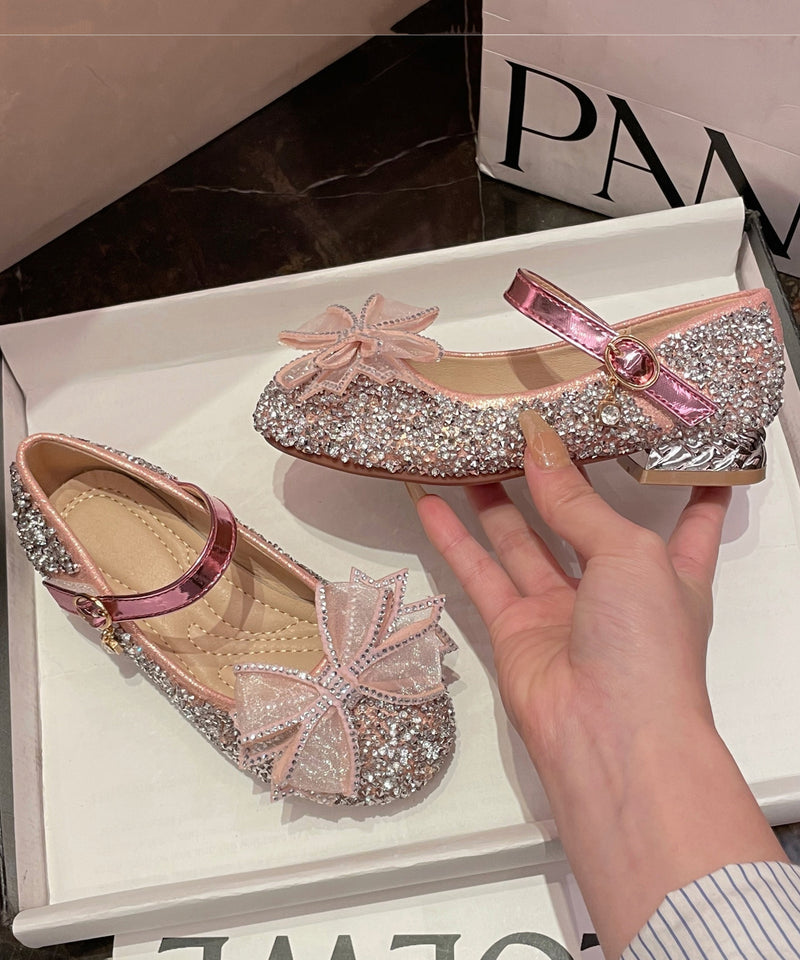 Girl Princess Shoes Silver Bow Zircon Buckle Strap