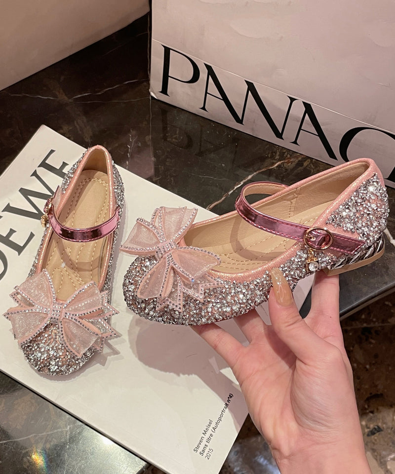 Girl Princess Shoes Silver Bow Zircon Buckle Strap
