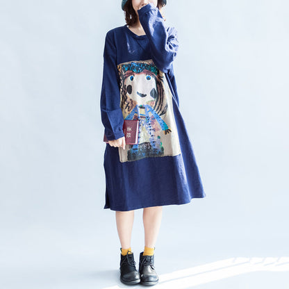 Girl Print Navy Cotton Dresses Oversize Caftans Shift Dress Causal Style