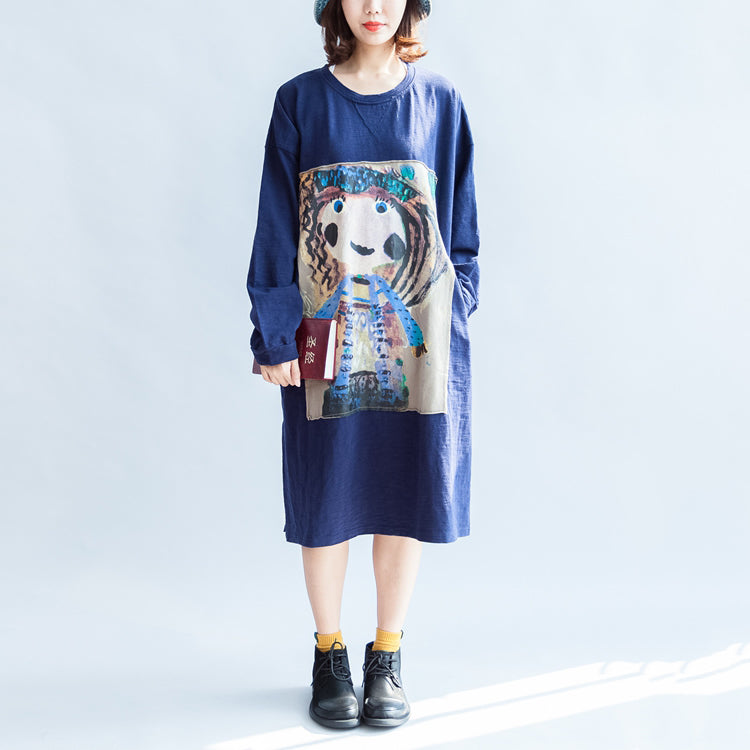 Girl Print Navy Cotton Dresses Oversize Caftans Shift Dress Causal Style