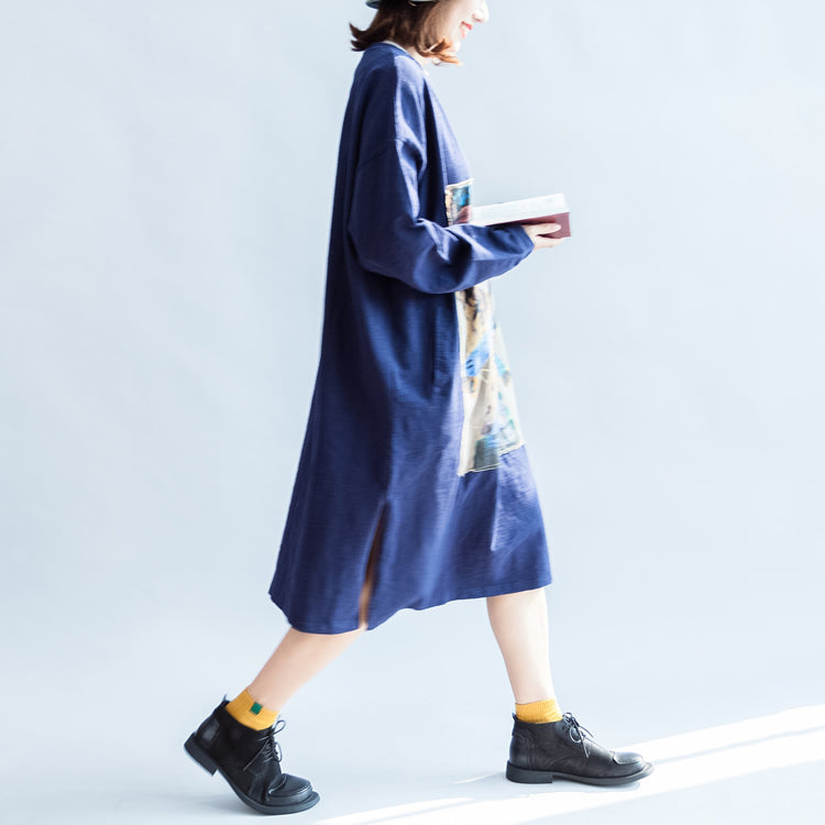 Girl Print Navy Cotton Dresses Oversize Caftans Shift Dress Causal Style