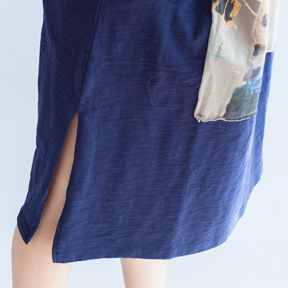 Girl Print Navy Cotton Dresses Oversize Caftans Shift Dress Causal Style
