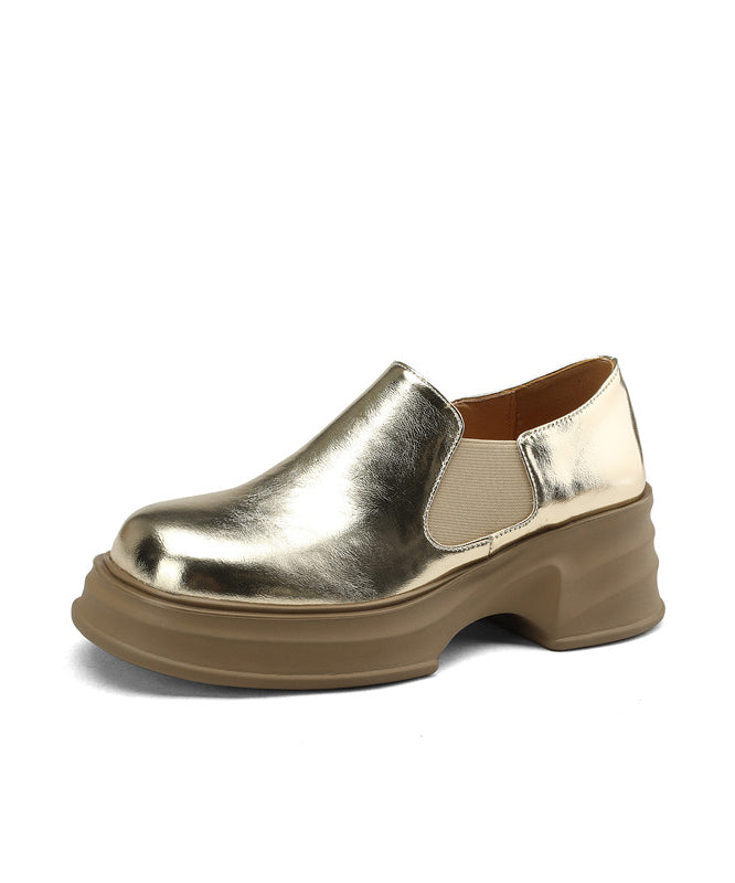 Gold Platform Cowhide Leather Splicing Loafers for