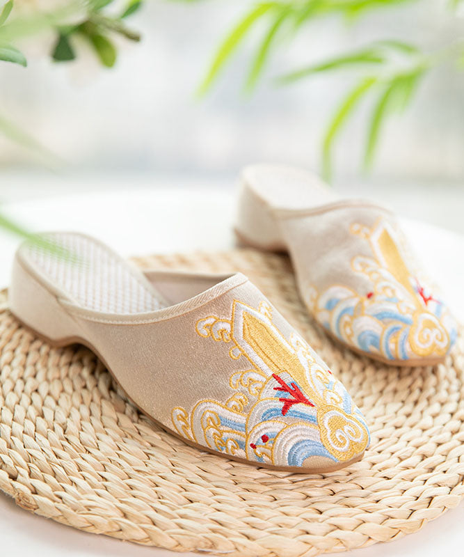 Gold Satin Slide Sandals Splicing Pointed Toe Embroideried