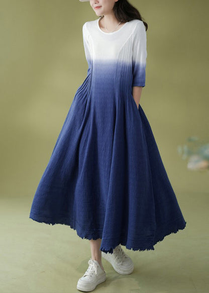 Gradient Color Blue O-neck Wrinkled Ramie Long Dress Short Sleeve