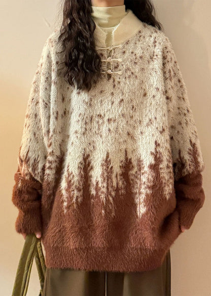 Gradient Color Chinese Button Cozy Knit Sweaters Stand Collar